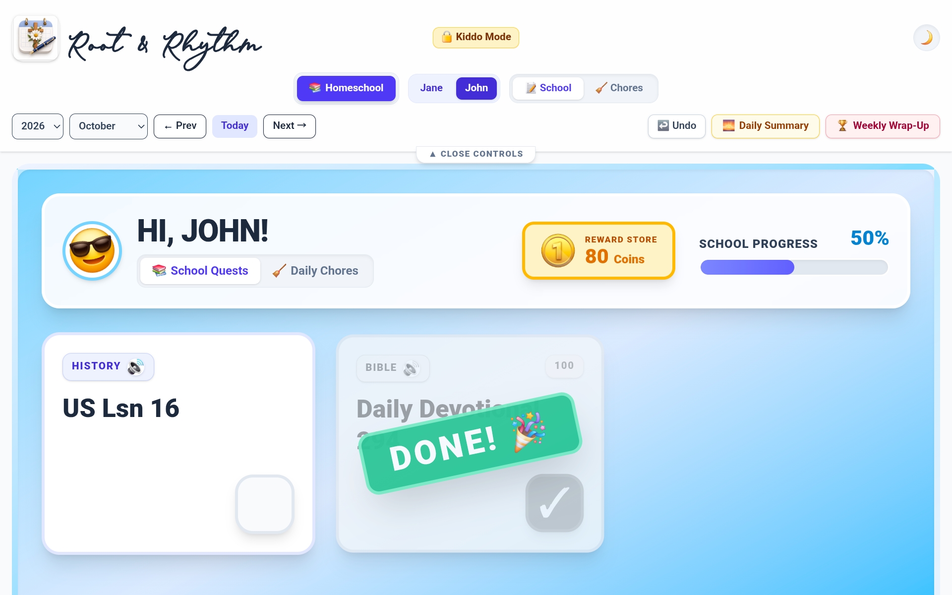 Root and Rhythm Kiddo Mode Dashboard